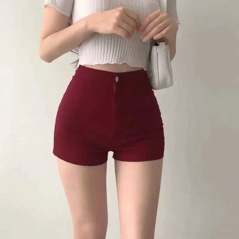 여자 반바지 레드 하이 허리 반바지 여성 Bodycon 타이트 탄성 섹시한 얇은 바닥 반바지 Y240425