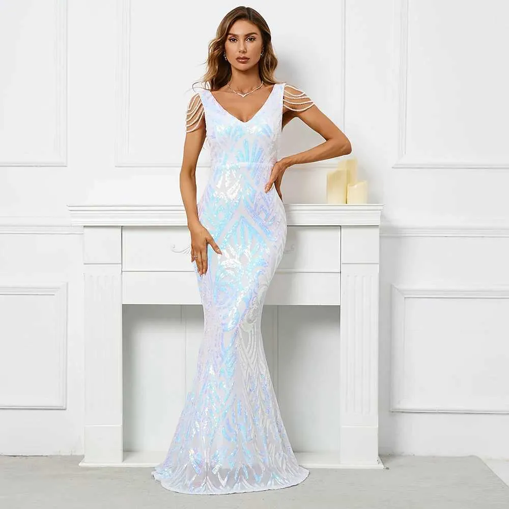 Runway Dresses YIDINGZS Women Whiite Sequin Dress V Neck Beading Party Maxi Dress Sexy Evening Dress Long Prom Dress Y240426