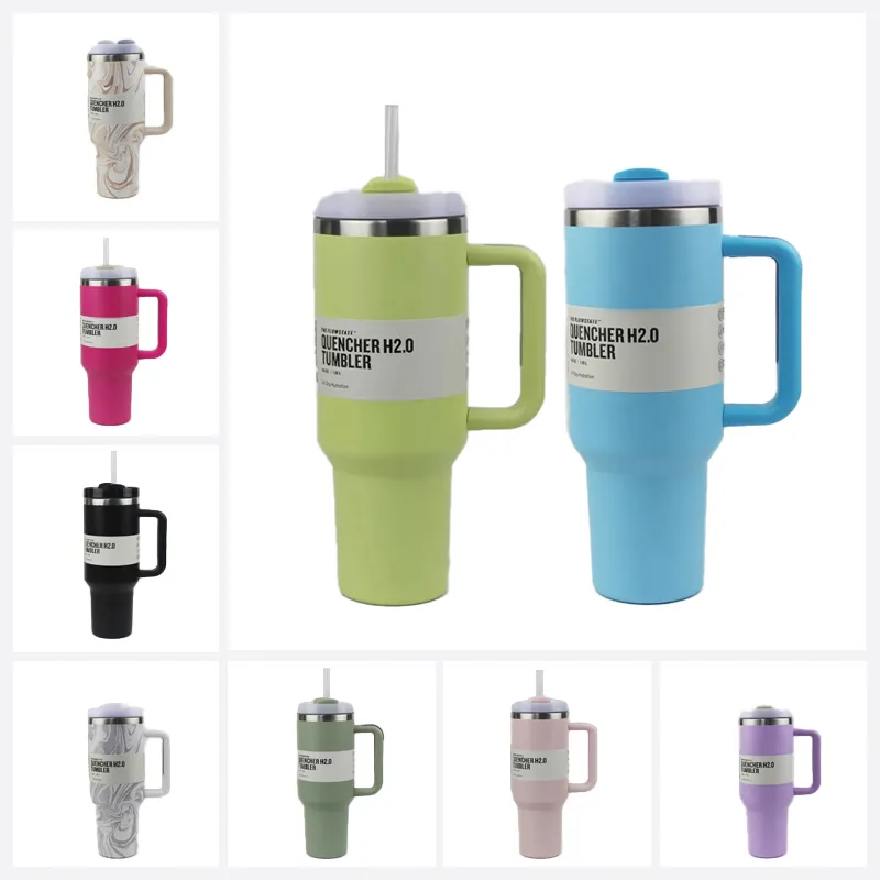 Pink quenched H2.0 40oz stainless steel Mugs glass cup silicone handle lid straw second generation car cup continue to drink cold water bottle