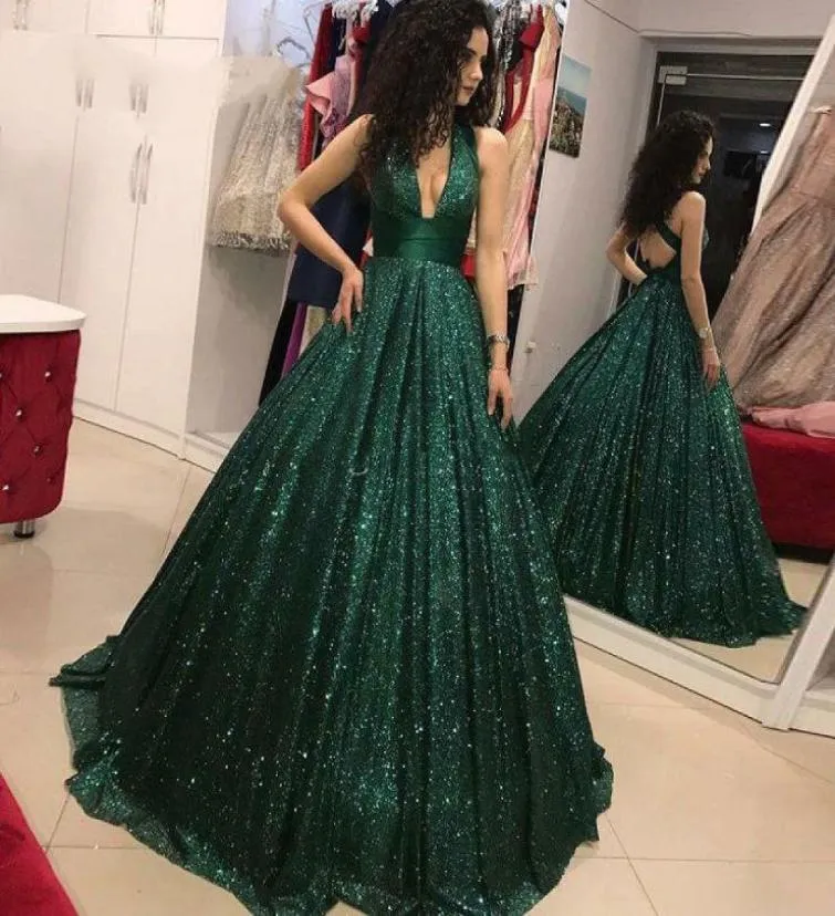 2019 Sparkly Bling Dark Green Seeding Prome Promes Элегантные глубокие V Sect Ruffle Sequint