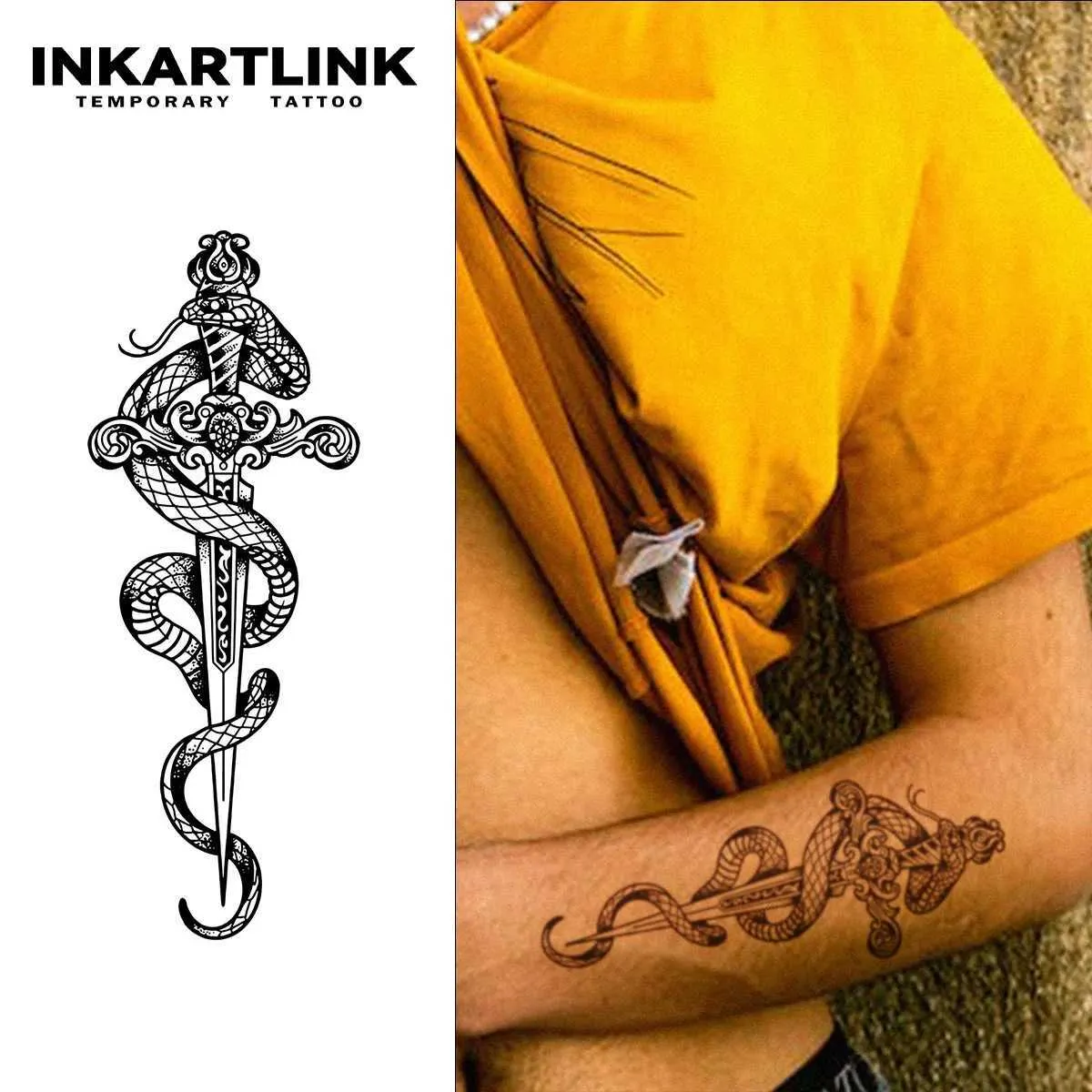 Tattoo Transfer Snake and Holy Sword temporary tattoo stickers magic tattoos herbal juice tattoos lasting 1-2 weeks realistic fake tattoos 240427