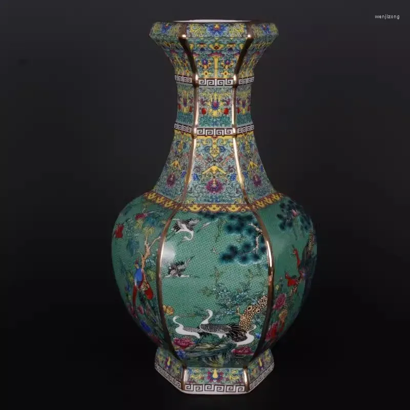 Vase Ingdezhen Qing Qianlongエナメル色の花と鳥の六角形のボトルとアンティーククラフトの磁器の家の家具アンティック