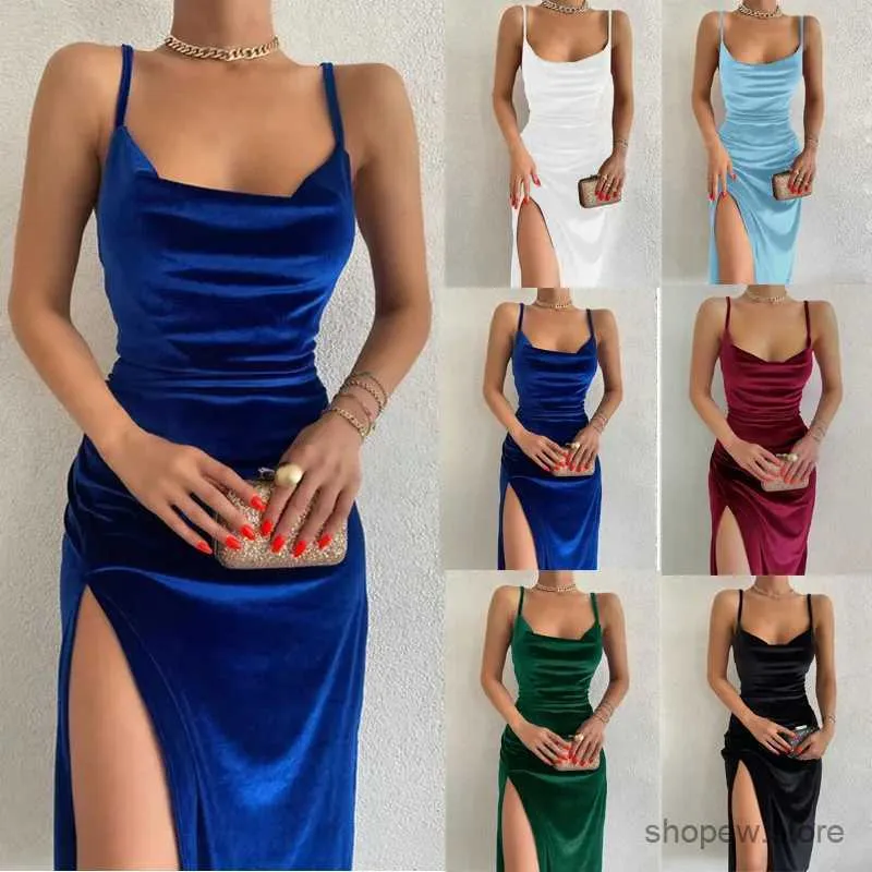 Grundläggande avslappnade klänningar 2024 Elegant aftonklänning för kvinnor sommar sammet midi bodycon klänning kvinnor ärmlös från axel rygglösa festklubbklänningar