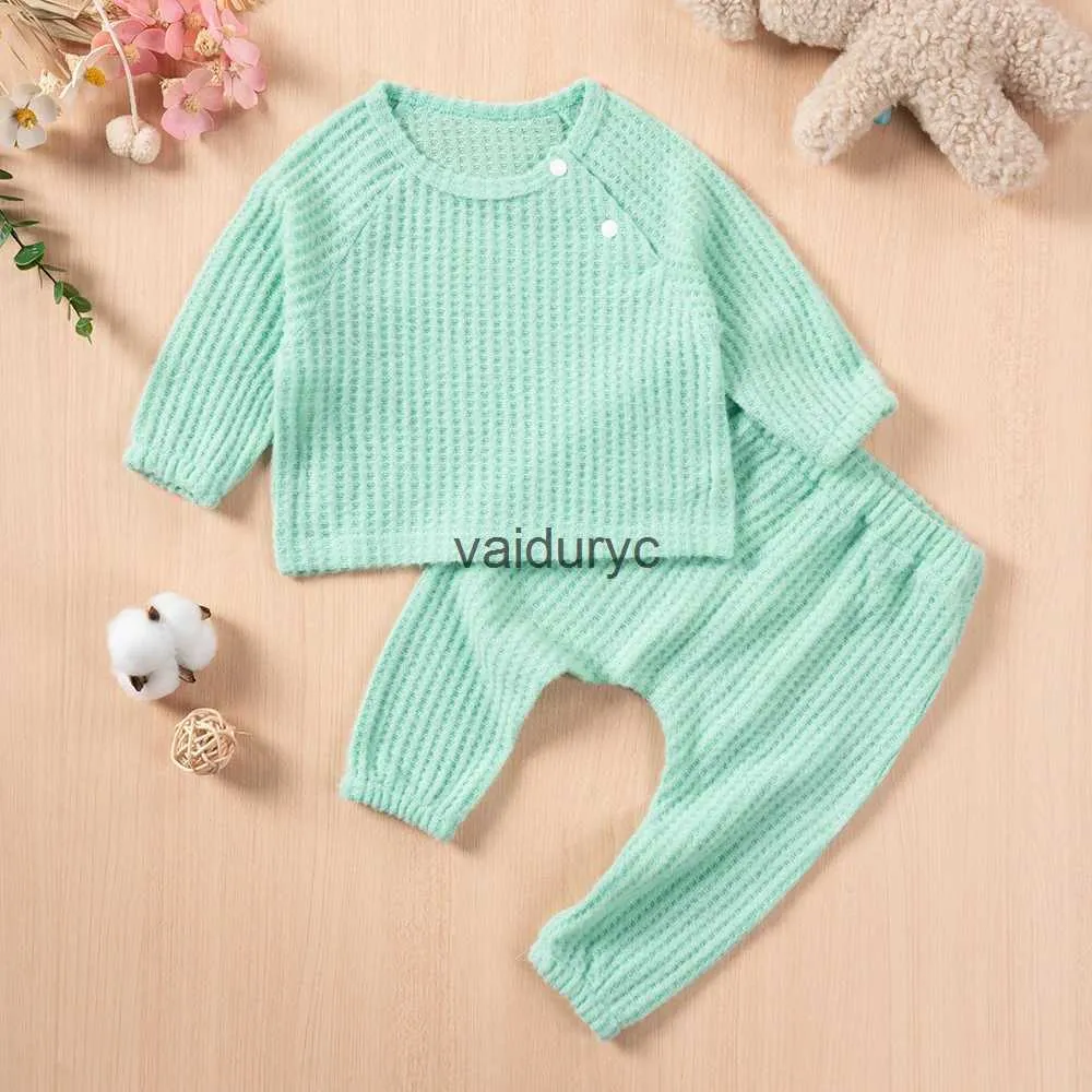 Set di abbigliamento 0-2t per bambini ragazze pantaloni a maniche lunghe solide 2 pc in cima al petto diagonale+elastico wa primaverile autunno abiti per neonati H240426