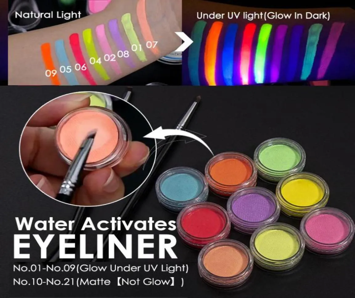21 kolorów aktywowany woda eyeliner UV Light Neon Pastels Pasteliner Pastelblack Light UV Reaktywny blask w ciemnym oka Liner8893770