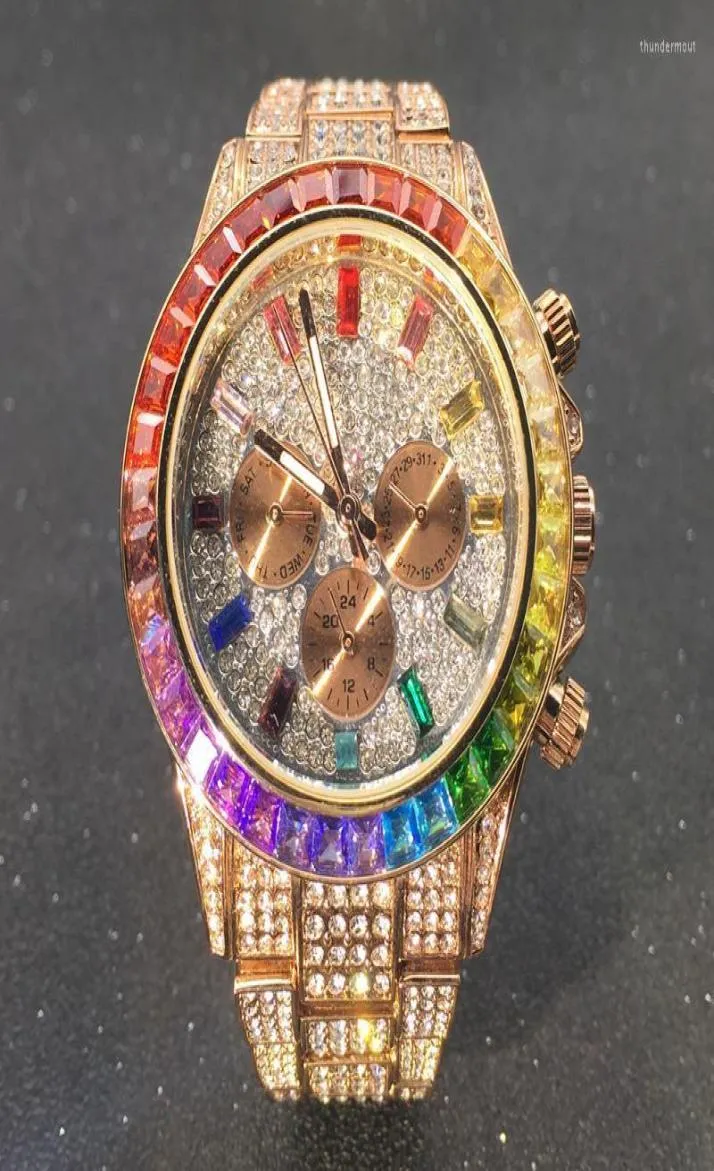 Orologi da polso per oro rosa ghiacciato uomini orologi da tre occhi arcobaleno diamanti orologio luminoso in acciaio inossidabile arrotondata hiphop orologio da polso m3539067