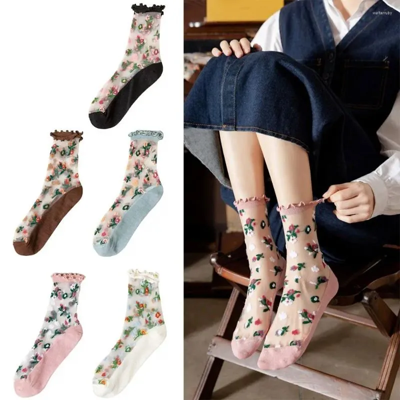 Mujeres calcetines ultra delgado seda dulce y transpirable transparente volante floral bordado encaje