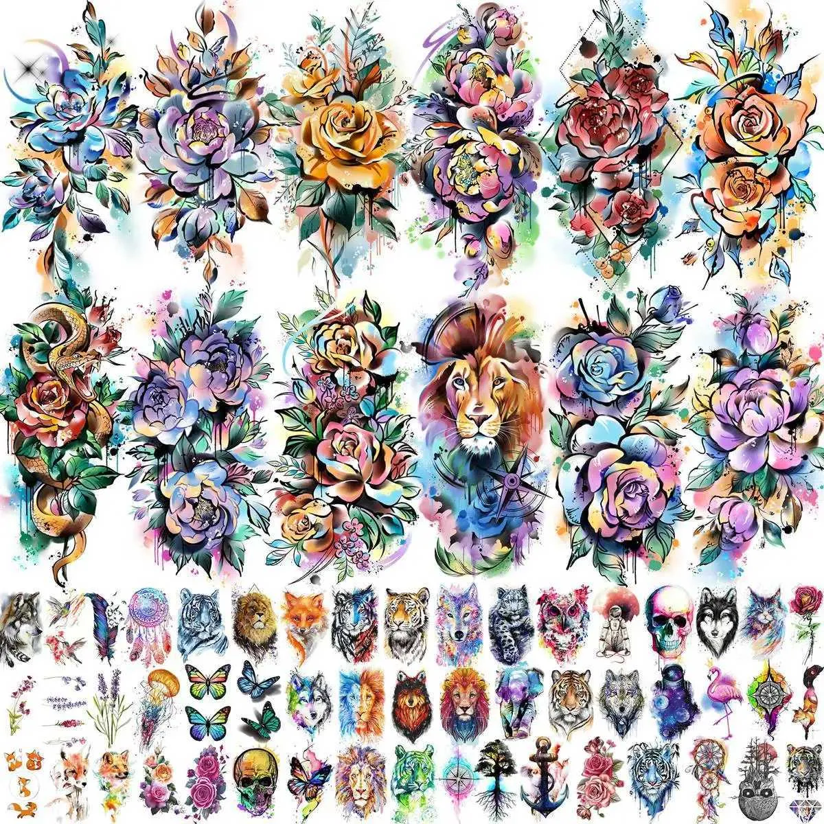 Tattoo Transfer 63 Sheets Watercolor Flower Temporary Tattoos For Women Arm Fake Peony Rose Tattoo Stickers 3D Floral Lion Snake Tatoos Paste 240426