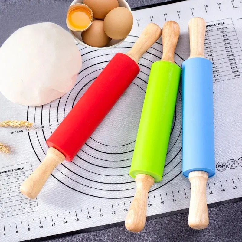 2024 S M Silicone Rolling Pin Non-Stick Pastry Dough Flour Roller Wooden Handle Pizza Pasta Roller Kitchen Pastry Baking Toolfor non-stick pastry roller