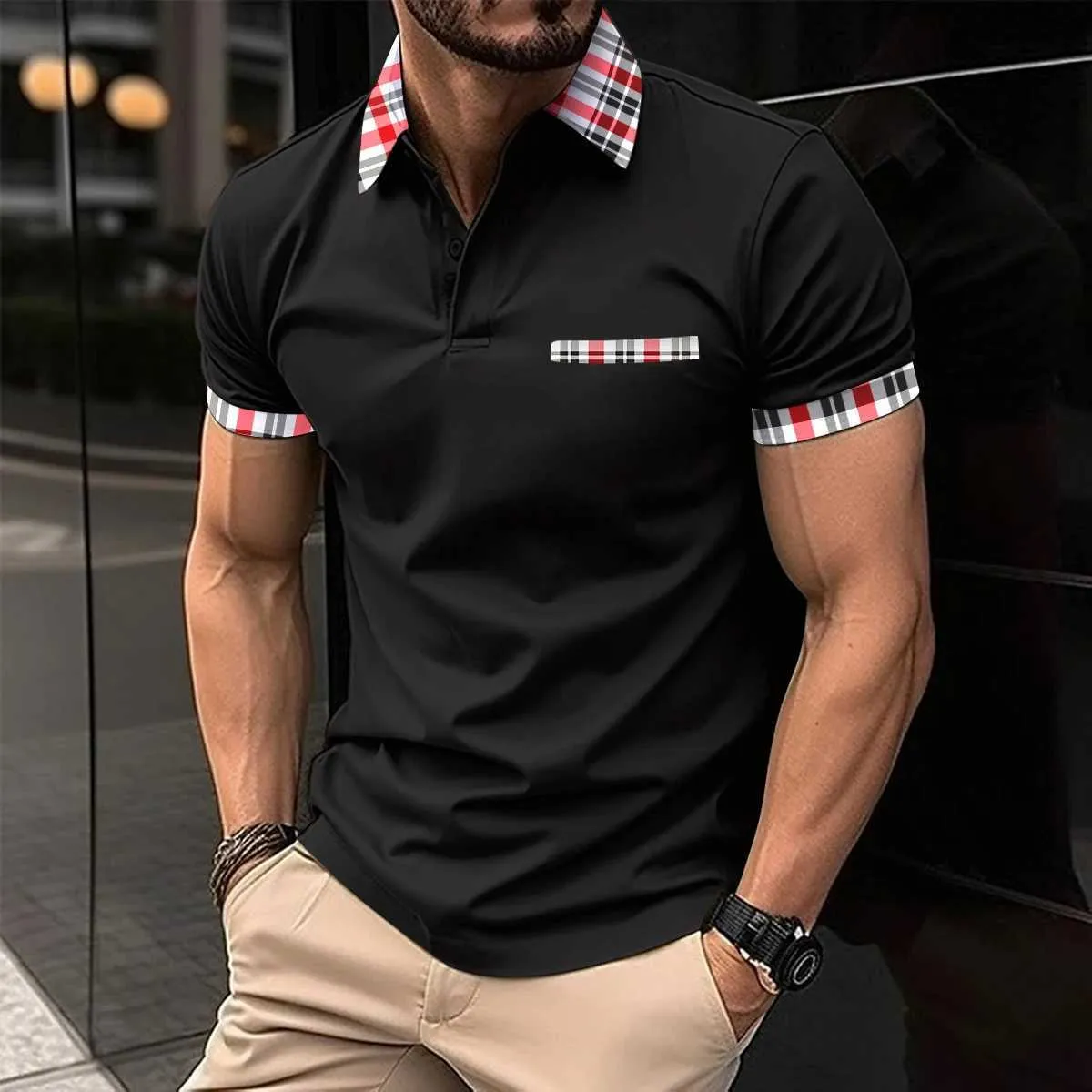 Mäns T-shirts Den bästsäljande herrens sommarpolo-skjorta med knapptryck och randiga lappar i arbetsfärger Mens utomhussportpolo-skjorta J240426