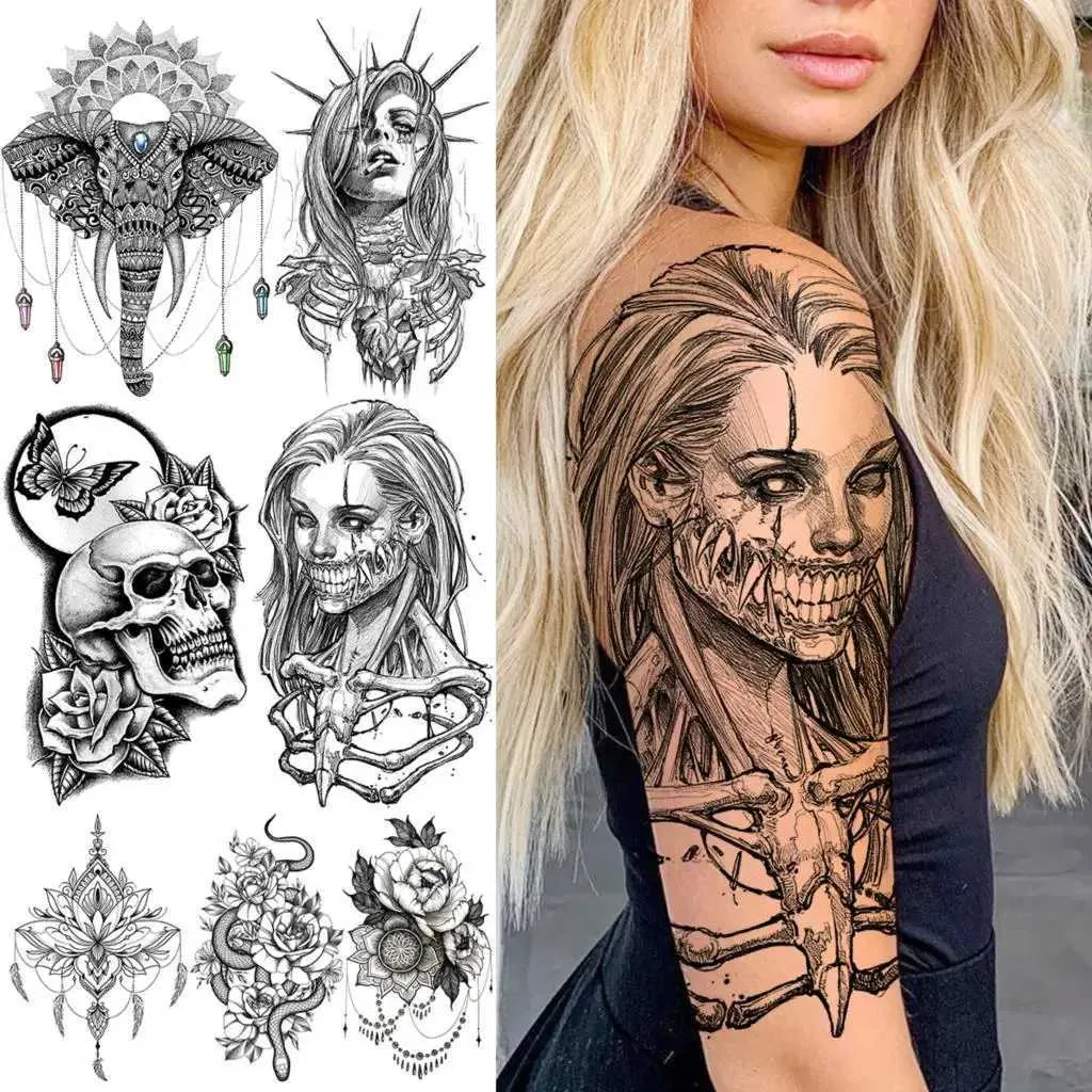 Tattoo Transfer Black Gangster Skeleton Vampire Halloween Temporary Tattoos For Women Realistic Punk Girls Skull Fake Tattoo Sticker Arm Tatoos 240426