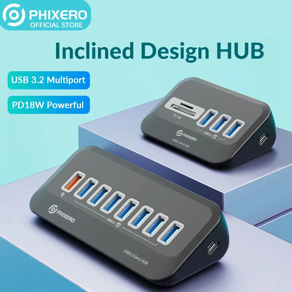 Phixero USB Splitter 3.2 Höghastighets dockningsstation Hub Typ C Adapter Multi -portar Flera uttag OTG 3.0 med SD -kortläsare 240418