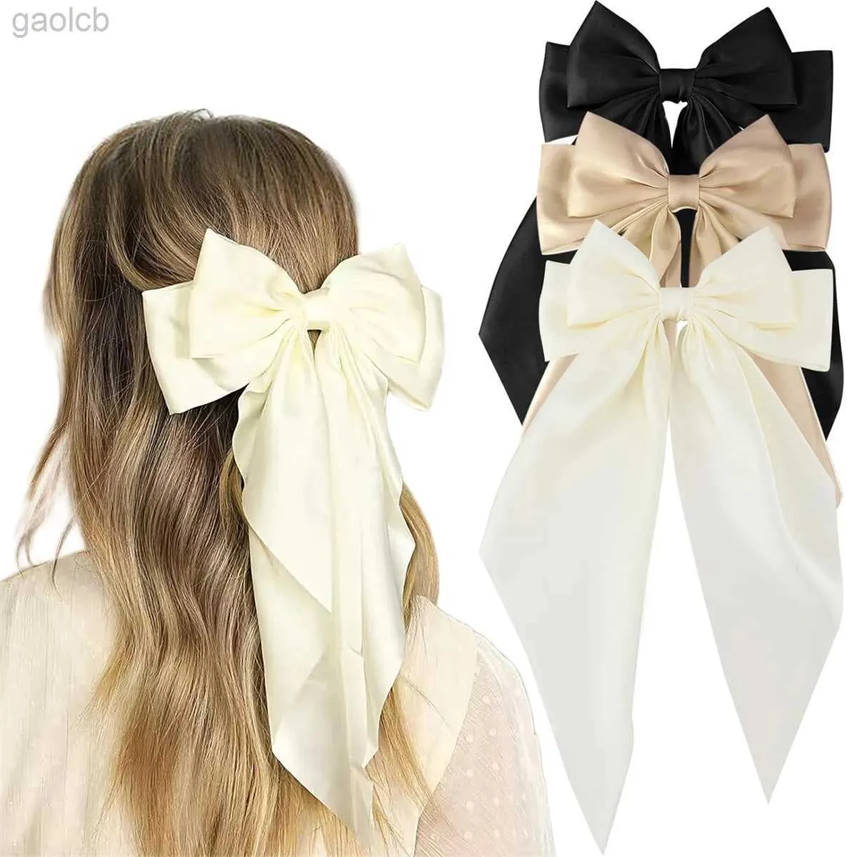 Hårklämmor Barrettes 3 Kvinnor Solid Color Long Big Bow Long Float Satin Spring Clip Back Head Hair Clip Internet Röd med samma temperament Topp CLI 240426