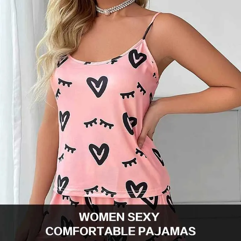 Women's Sleepwear Summer Fashion Sexy Pajama Two Pieces Print Short Set Slveless Womens Milk Silk Top Comfortable Ladies Slpwear Y240426