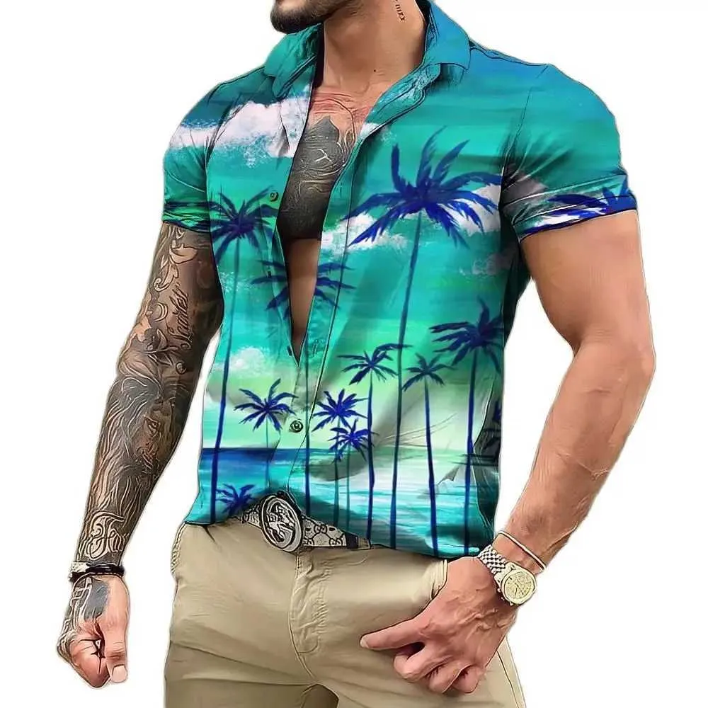 Męskie koszule letnie koszule dla mężczyzn krótkie rękawie Aloha tee 3D kokosowe druk drzewa T-shirty swobodne plażowe bluzka wakacyjna ponadwymiarowa hawajska koszula 240424