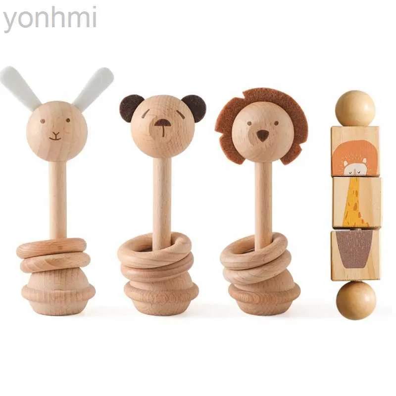 Mobils# Baby Wooden Montessori Toys Cartoon Animal Rabbit Crocodile Blocks Rattle Game Puzzle Anello di legno Anello di legno Rattometto giocattoli per teethering D240426