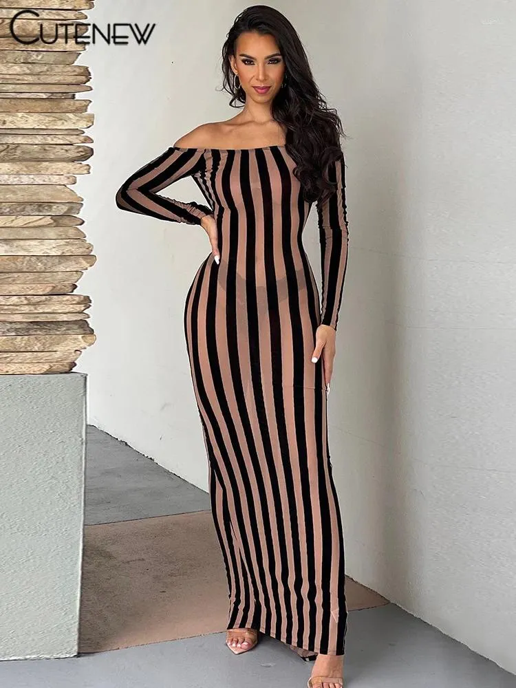 Casual jurken schattige dames mesh elegante off-shoulder maxi jurk volle mouwen volle mouwen body-vorming robe lady avond opzichtsvestidos