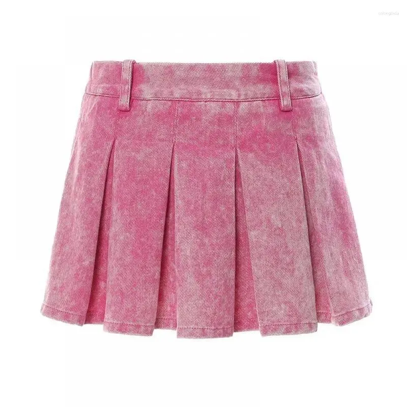 Skirts High Street Sexy Women Pink Denim Mini Skirt Designer Brand Waist Pleated A-Line Short Fashion 2024 Clothing