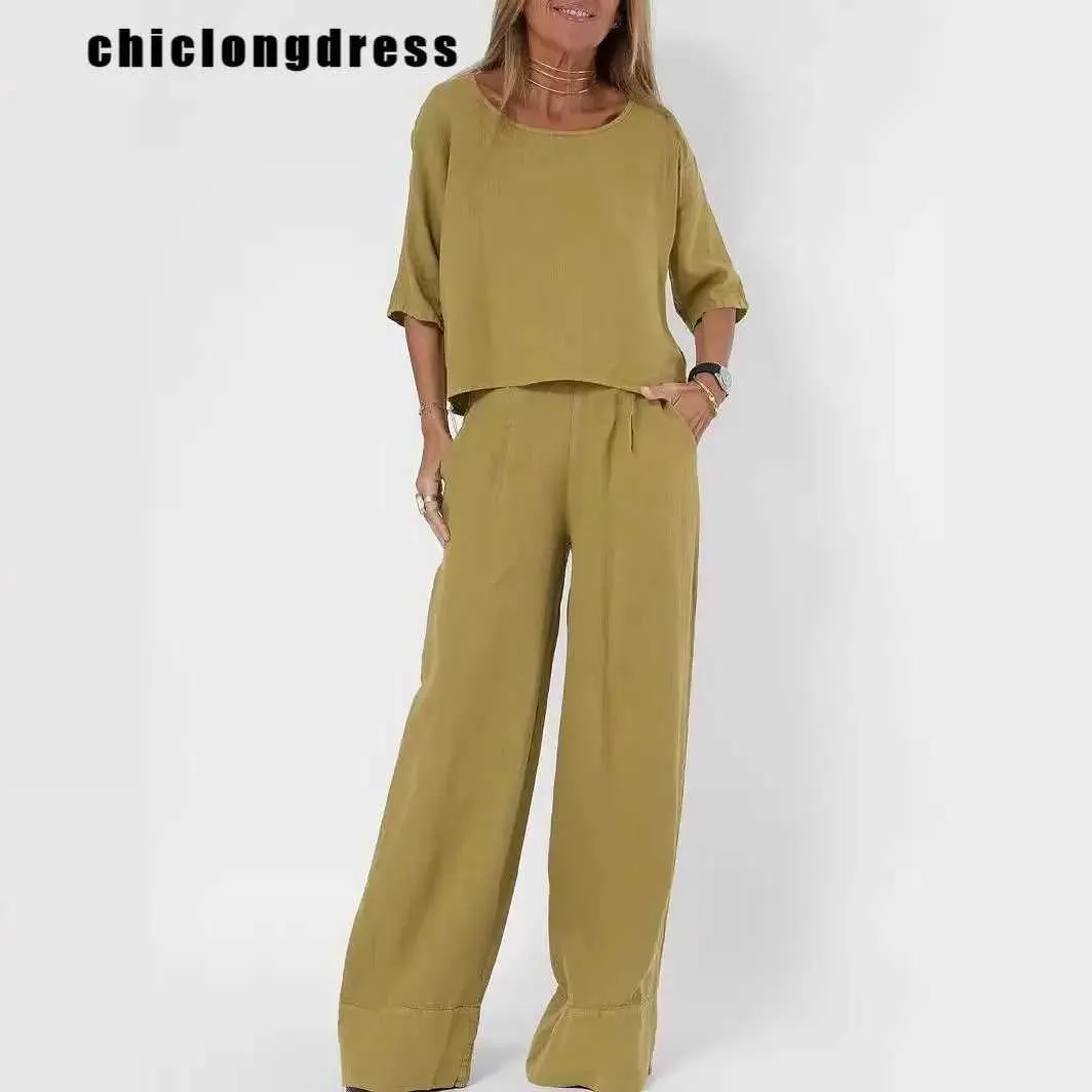 Women's Two Piece Pants Summer Fashion Cotton and Hemp Two Piece Set Women Casual Solid Round Neck Tshirt Wide Leg Pants Loose Two Piece Set Women Y240426