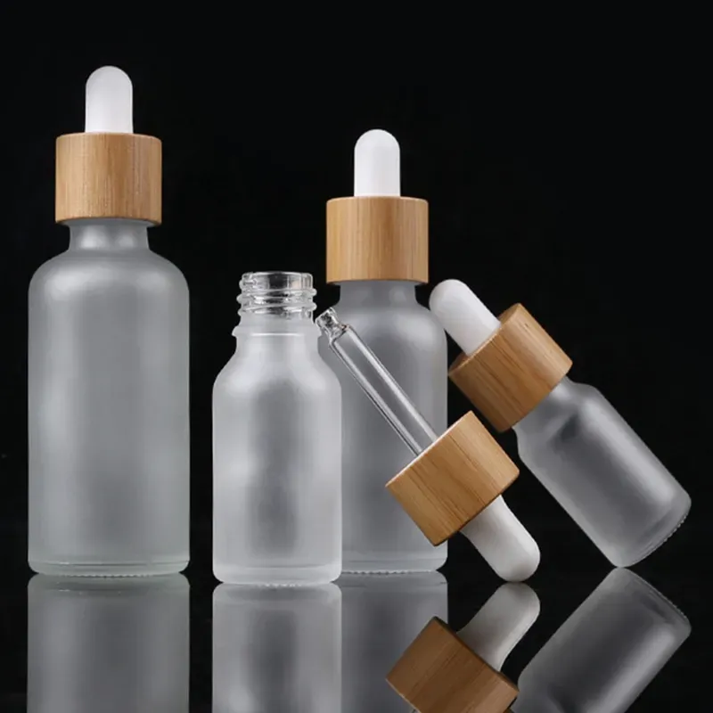 10ml 15ml 20ml 30ml Frosted Clear Glass Dropper Bottle with Bamboo Lid Cap Essential Oil Glass Bottle Frosted Green F302
