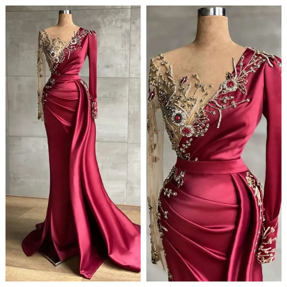 Minchas Apliques Aplique Fantastic Night Mermaid Bordery Vestres Vintage Red Red Sheer Sleeve Longa Pleats Vestidos de festa de baile Vestidos BC5321