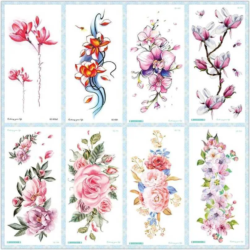 Transfert de tatouage rocooart qc fleurs bras tatouage coloré taty art corporel étanche tatouage temporaire autocollants rose faux tatouage orchidée tatouage 240426