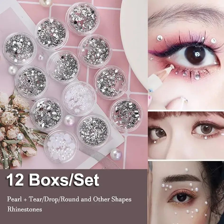 Tatueringar 12 lådor Set Diamond Pearl Glitter Face Eyes Makeup Sequins Sticker Stage Cosmetics Tear Drop Blandade former Paljetter Tillbehör