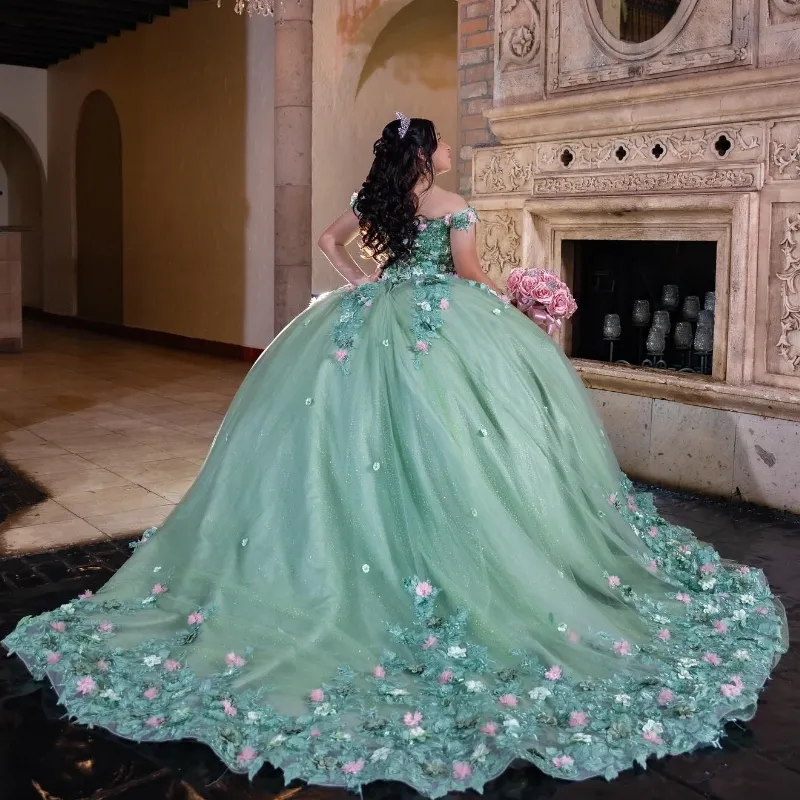 Light Green Princess Lace 3D Florals Tull Quinceanera Dress for Girl