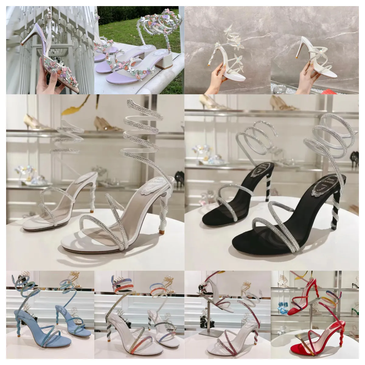 New Rene Caovilla High Heel Sandals Fashion Rhinestone Decoration Luxury designer shoes 9.5cm heels Women Satin Snake Wrapped Butterfly Flower Open Toe Wedding