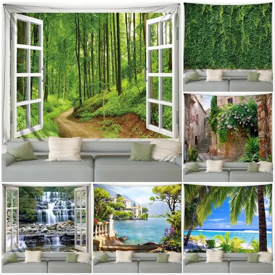 Forest Landscape Tapestry Green Plant Fleurs cascade Ocean Beach Nature Garden Garden suspendu maison DÉCORS SOI