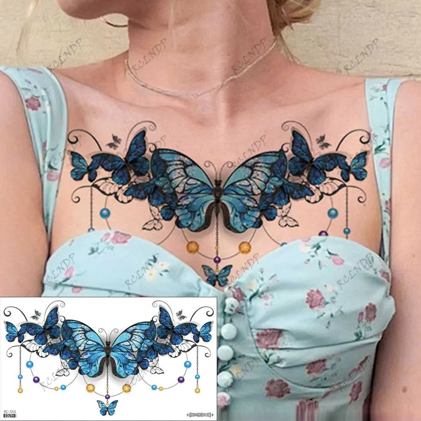 Tattoo Transfer Waterproof Temporary Tattoo Sticker Butterfly Flower Sexig Fake Tatto Flash Tatoo Bröst och midja Tato för tjejkvinnor 240426