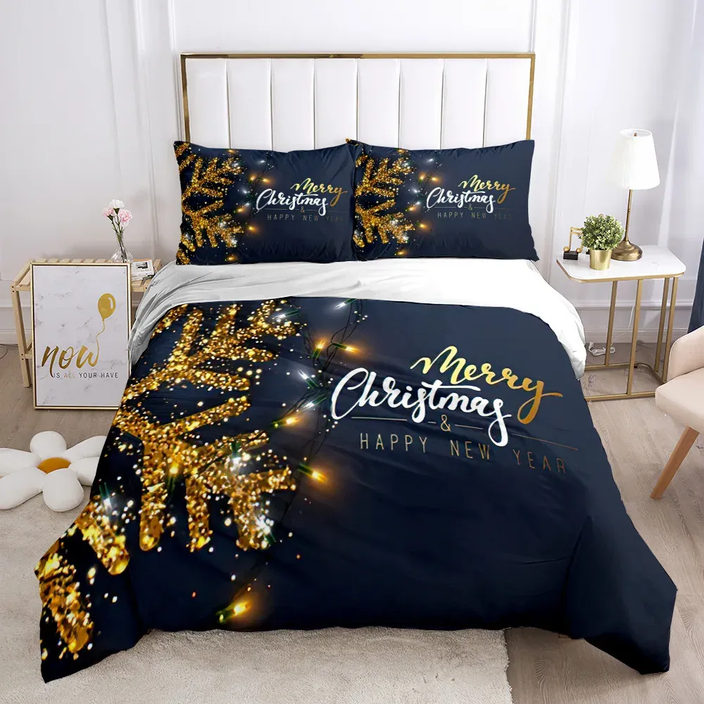 Setler Noel Yorgan Kapağı Seti Altın Kar Çiçeği Mutlu Noeller Kutu Korunağı Kapak Kral Çocuk Erkek Kız Polyester Yatak Seti