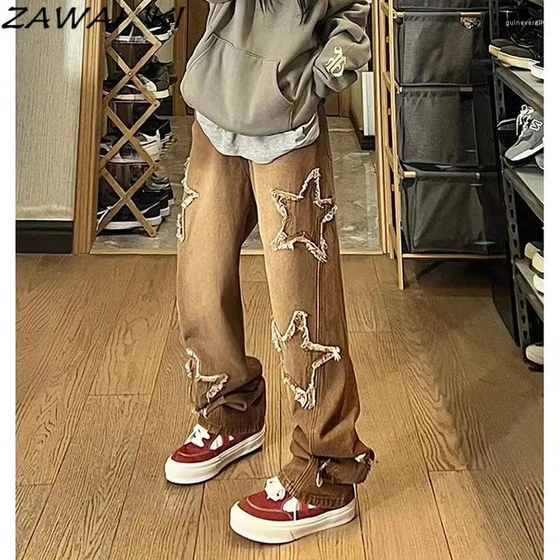 Женские джинсы Американская ретро -коричневая звезда Графический лоскутный кладп