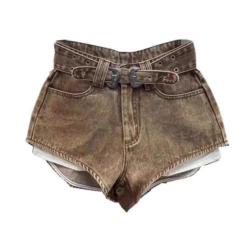 Women's Shorts Retro Brown Shorts with A Cut Waistband High Waist Personalized Fashion Wide Leg Hot Pants Shorts Women Y240425