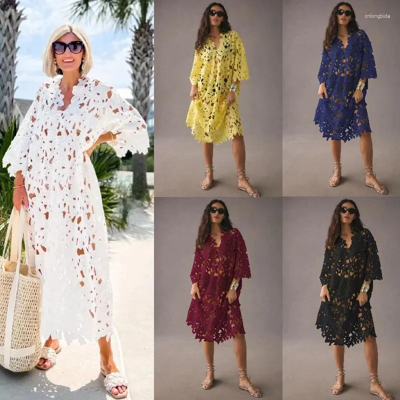 Women Beach Deck -Deck -Kleid Chiffon Spitze Boho lässige Langarm -Strickjacke Monokini Baden