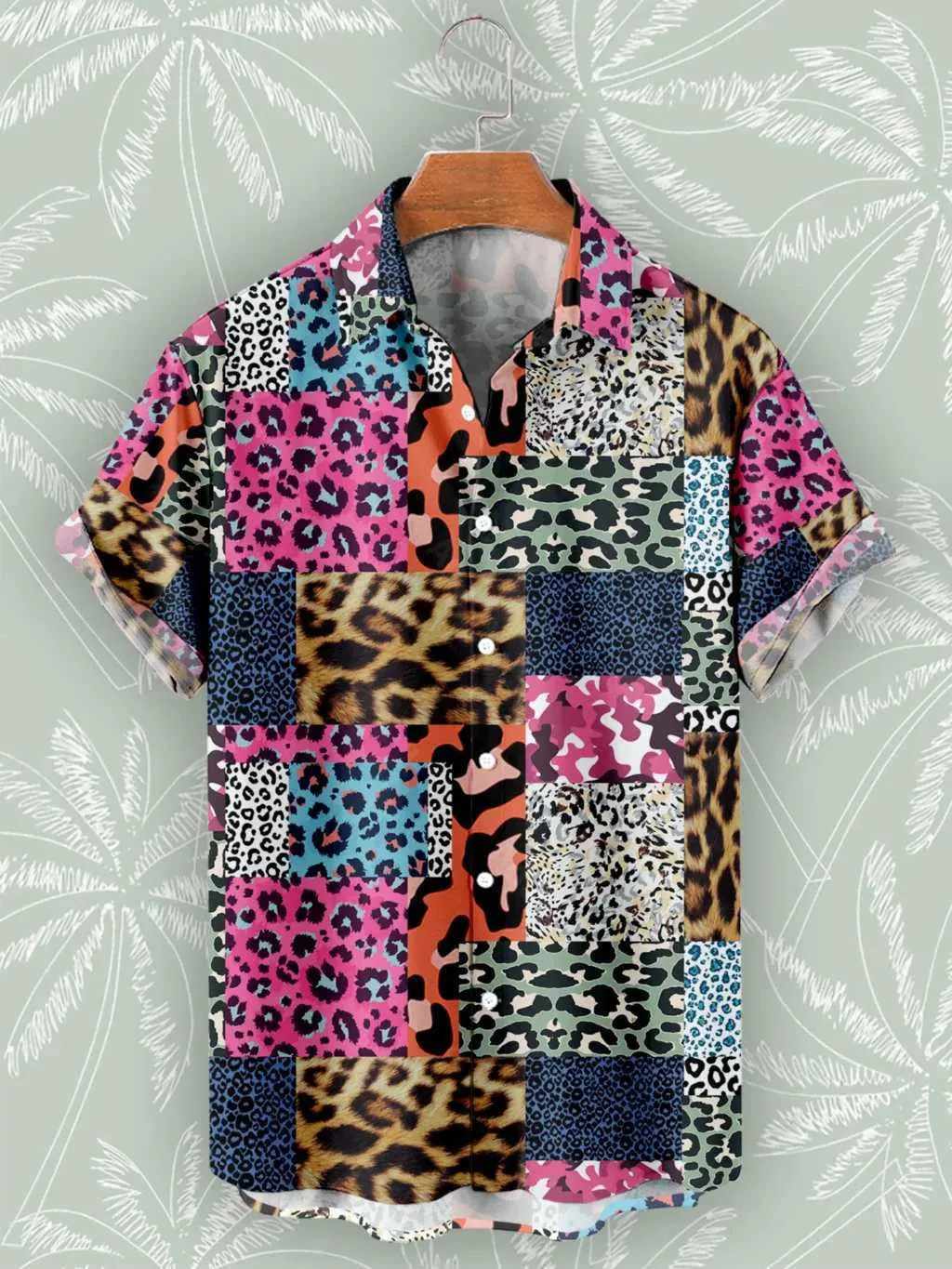 Camisas casuais masculinas Leopard Patchwork Hawaiian Beach Camisa de verão Moda de verão 2023 Street estilo de manga curta camisetas grandes para homens casuais ropa hombre 240424