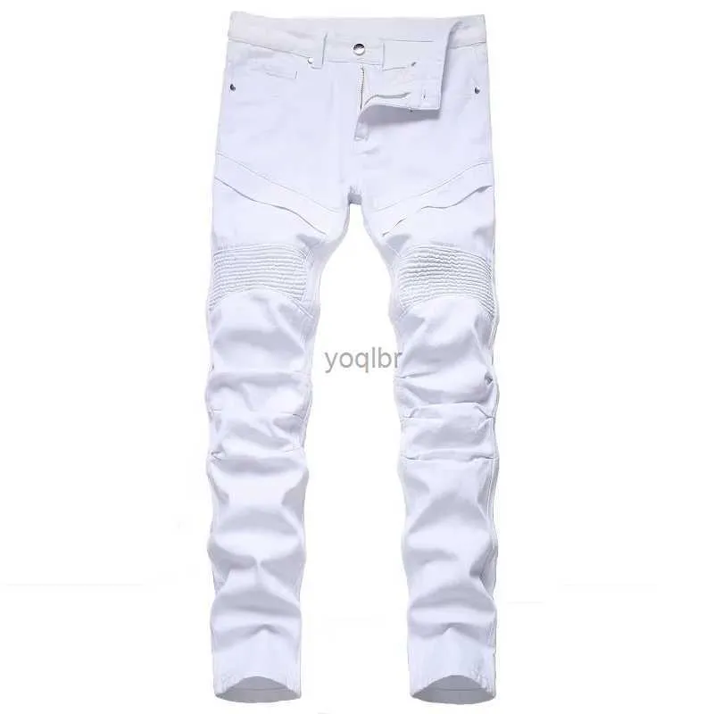 Men's Jeans European and American white motorcycle denim jeans personalized mens fashionable ripped pants plus sizeL2404