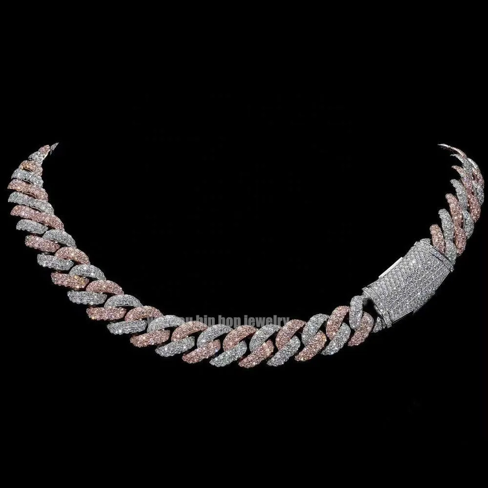 BLING Hiphop Chain Box Clasp 13mm S925 Silver 2 Tones 2 Rows Pass Tester Brilliant Round Cut Moissanite Cuban Chain Necklace