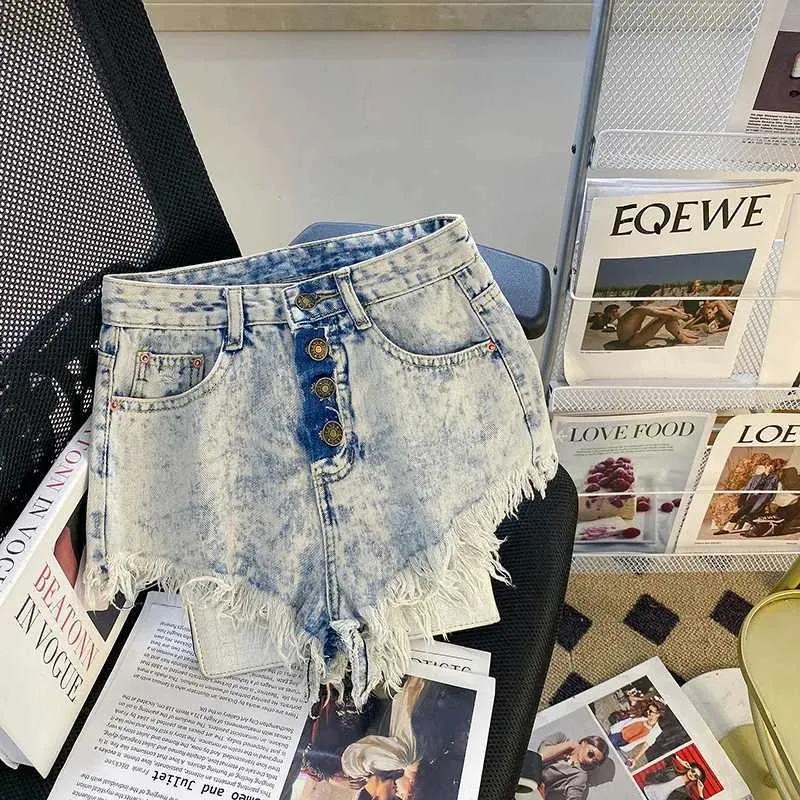 Koreaanse zomerse high taille met dames Koreaanse zomerse taille single breasted a-line jeans shorts shorts tassel raw rand denim shorts voor vrouwen y240425