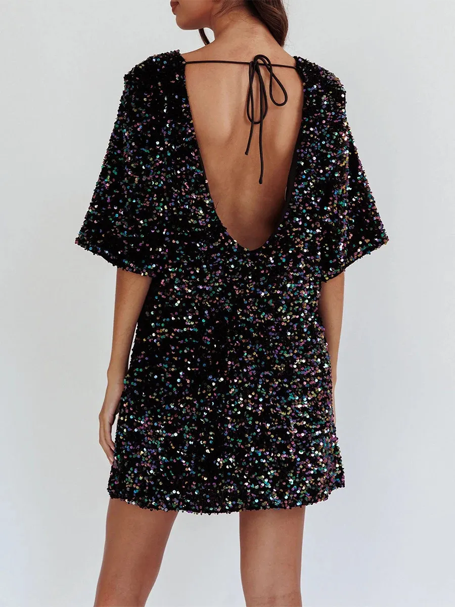 Shiny Sequin T-Shirt Sequin Mini Dress for Women - Fashionable Loose Fit Short Sleeved Round Neck Mini Sequin Mini Dress with Open Shoulder - Perfect