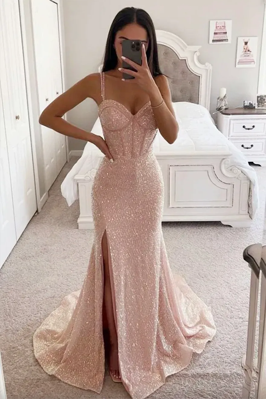 Sparkling Pink Sequin Prom Dress with Sweetheart Neckline and