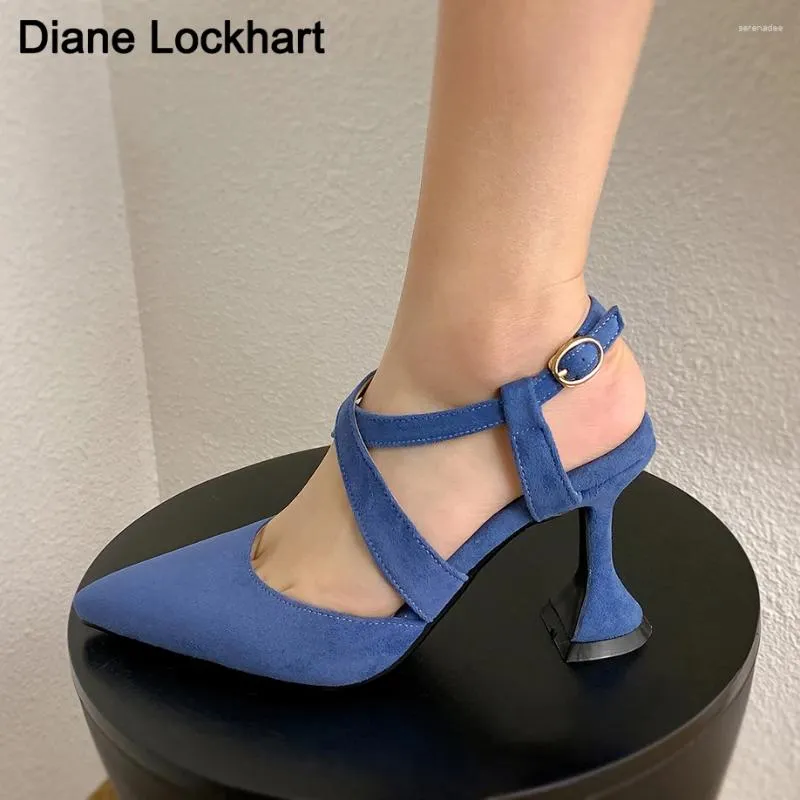 Kleiderschuhe blaue Mode -Slingbacks für Frauen speicherte Zehen Sandalen Kreuzgurt High Heels Party Pumps Tacones Altos de Mujer 32