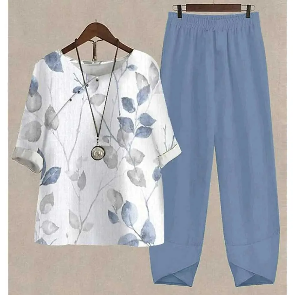 Pantalon de deux pièces pour femmes automne nouvel élément imprimé floral court pantalon slve 2 pièces Traf respirant 2023 femme vintage t-shirt de bouton d'âge moyen Summer Y240426