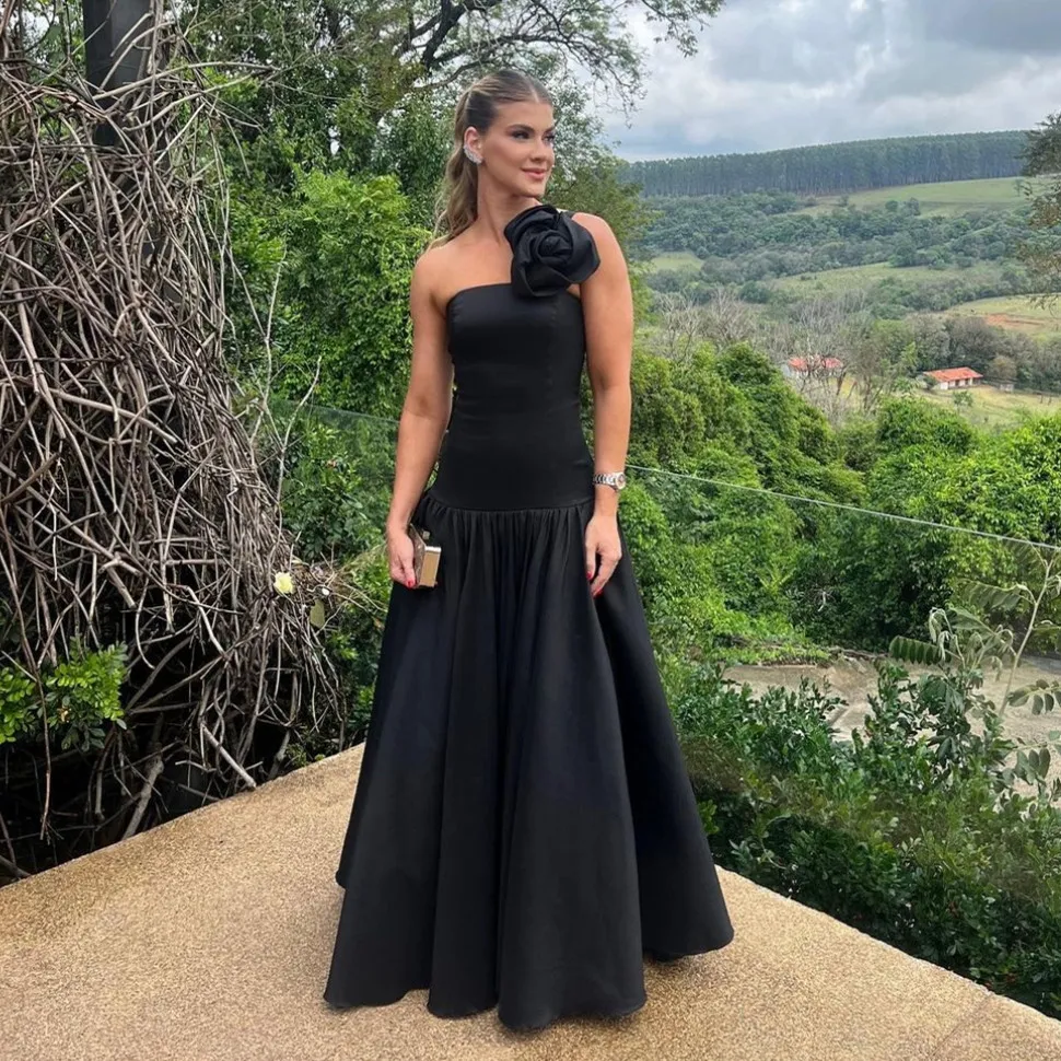 black one shoulder prom dress A Line Tulle Appliques Split Dresses  luladress ideal for formal events One-Shoulder Pleated Tight Long Prom