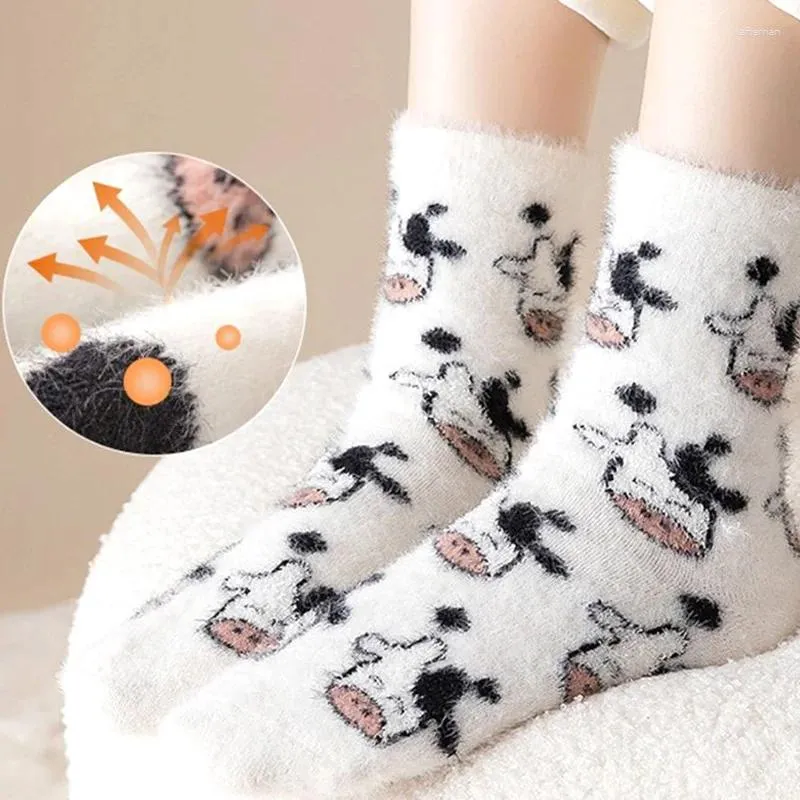 Women Socks Mink Spotted Plush Winter Mid Tube Coral Velvet Milk Cow Kawai Soft Warm Thicken Indoor Floor Stockings