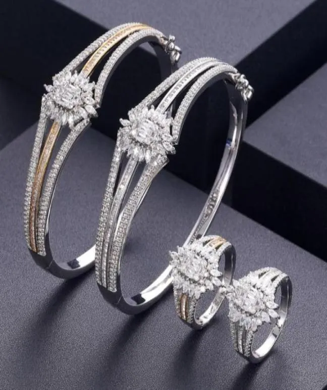 Collier de boucles d'oreilles Accking Luxury Unique African Bangle Ring Set Bijoux pour femmes Mariage Cumbic Zircon Crystal CZ Dubai Bri986127900