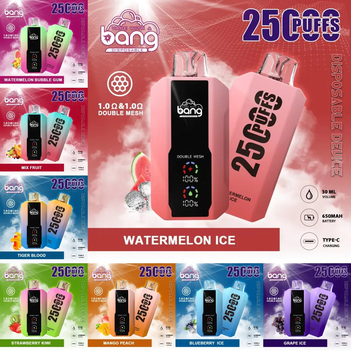 Bang 25000 Puffs LCD Screen Vape Disposable E Cigarettes 0% 2% 3% 5% 30ml Prefilled Pod Double Mesh 650mah Rechargeable Battery Pen Puff 25k 15k 12k Device