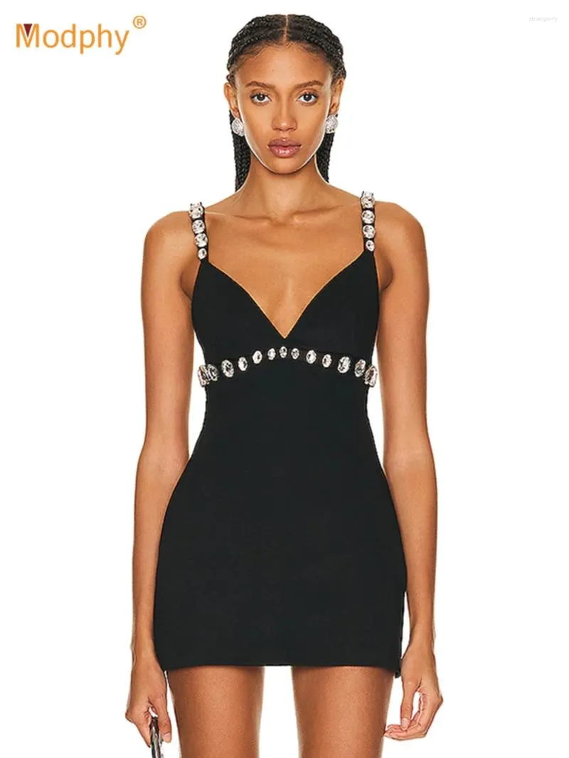 Casual Dresses Modphy Ladies Sparkling Diamond Crystal Spaghetti Strap Backless Design Celebrity Club Party Black Sexy Mini Bandage Dress