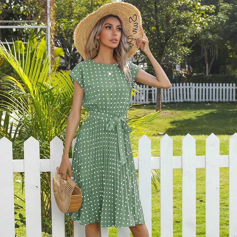 Summer Hot Selling Women Casual Dresses Designer Mid-längd kjol Kort ärm Gulgrön Grön rosa Röd Svart snörning Polka Dot Pleated Dress