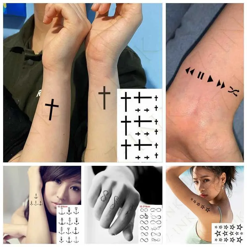 Tattoo Transfer Wassertransfer falsches Tattoo kleines Kreuz Tatto hinter dem Ohr auf Fingerkörperkunst wasserdichte temporäre Tatoo -Aufkleber für Frau Mann 240426